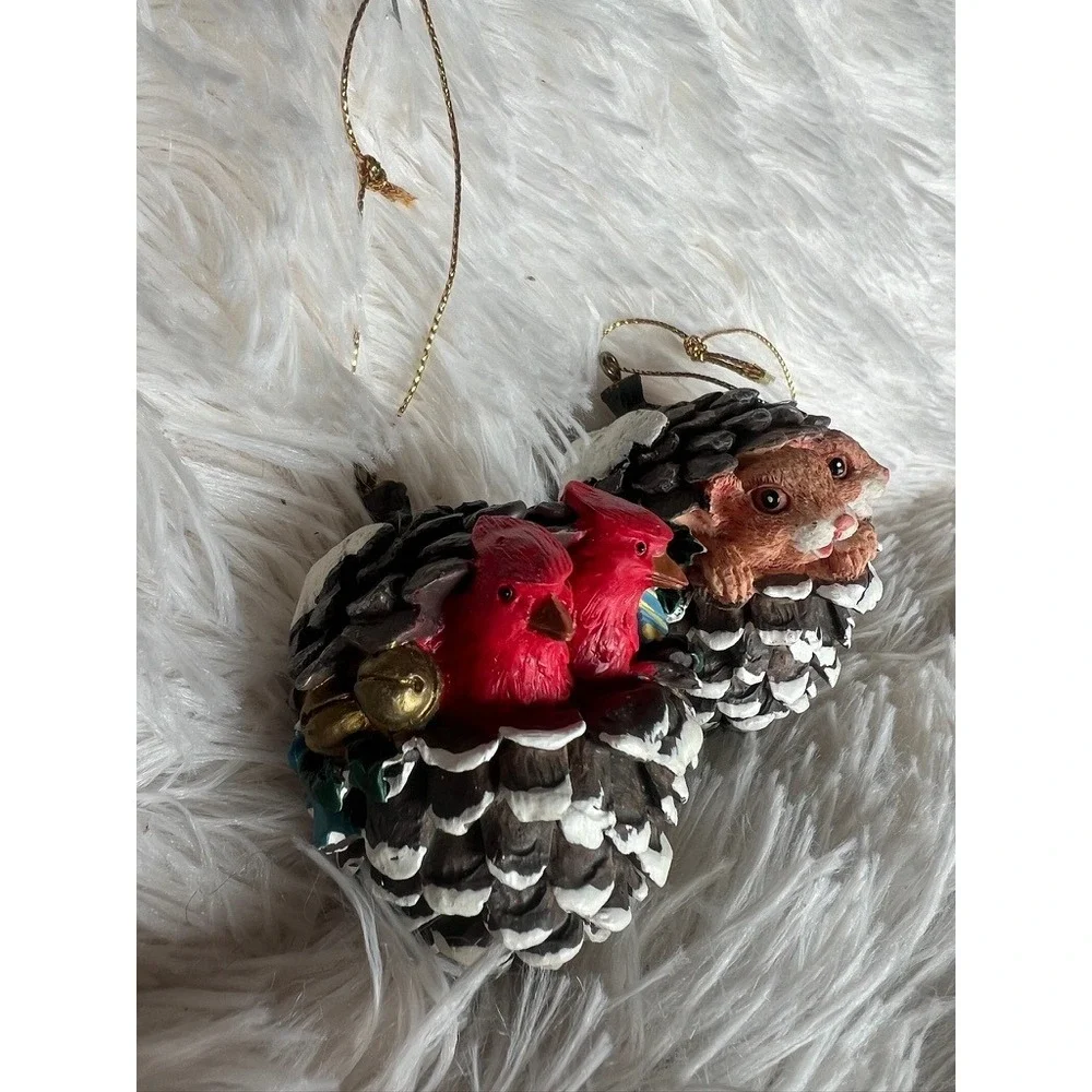 Pine Cone Christmas Ornaments Set 2 Cardinal Mice Snow Woodland Charm Forest